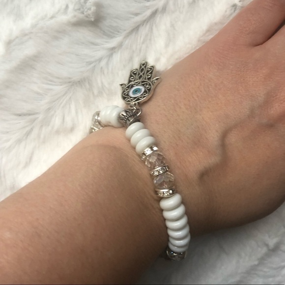 White Beaded Hamsa and Evil Eye Bracelet - Picture 8 of 8